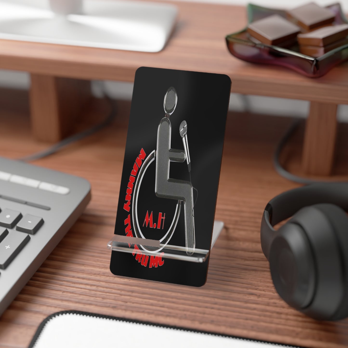 Mobile Display Stand for Smartphones - Ergonomic Design with Wheelchair Symbol